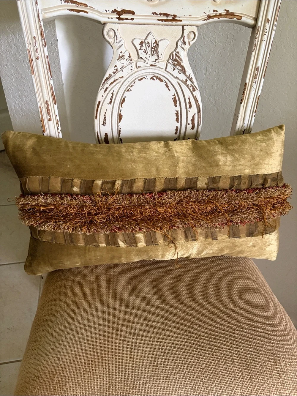 Gold Decorative Accent Pillow with Fringe Trim